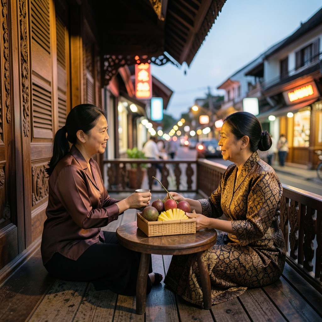 An adult daughter and her mother sharing tea on a veranda at dusk with a box of fruit between them.