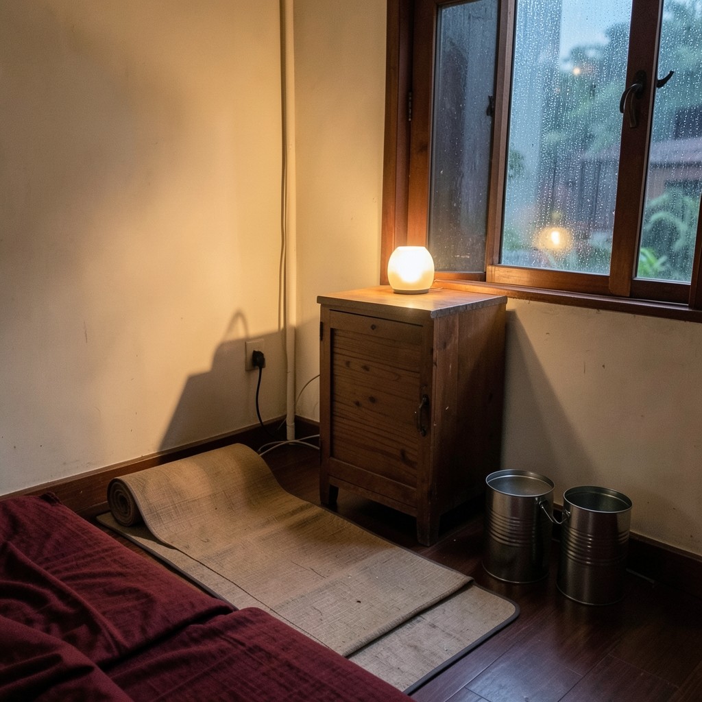 A modest rented room at evening with a rolled mat, a small wardrobe, and a tin for household cash.