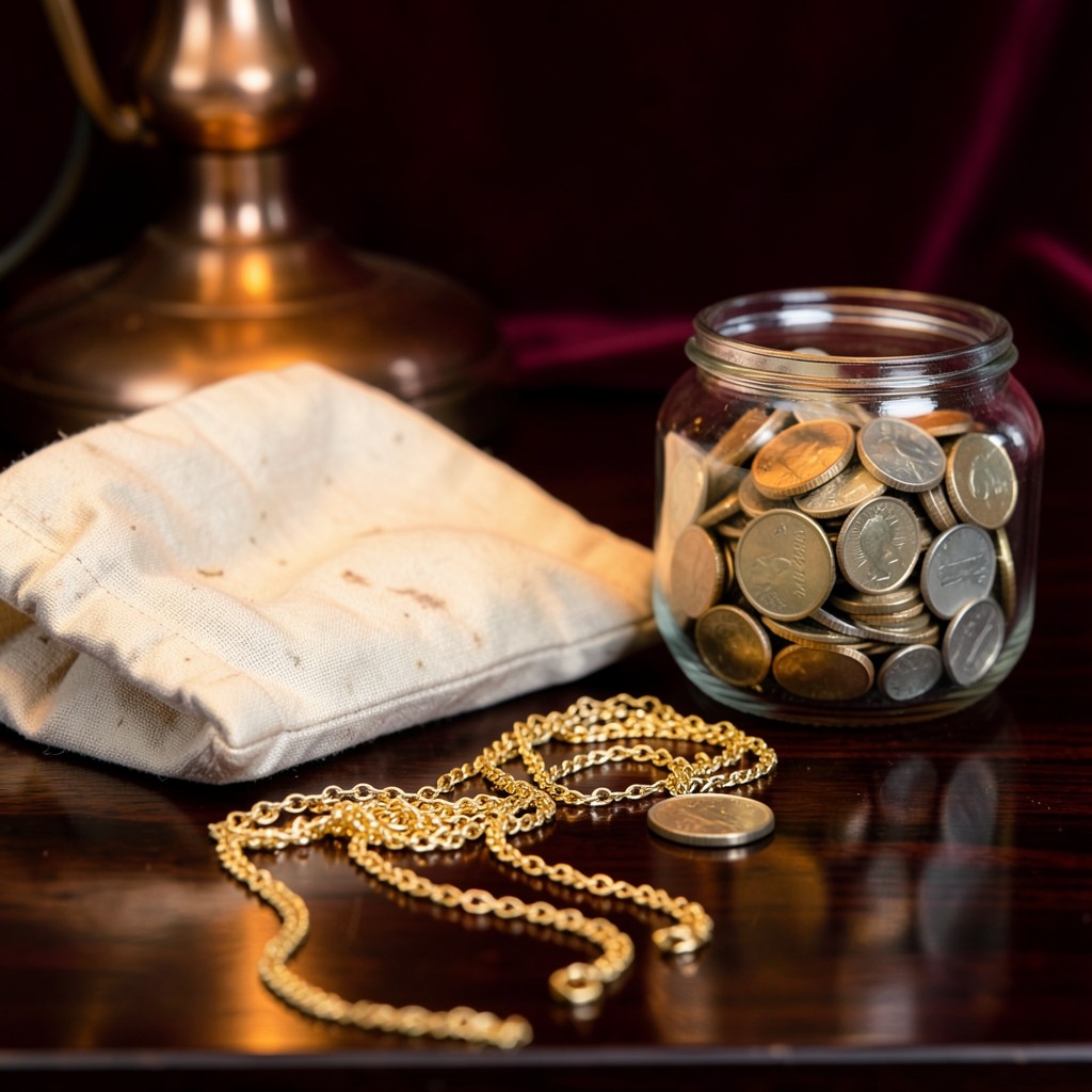 A cloth pouch, gold chains, and a glass jar of coins on dark wood under a copper lamp.