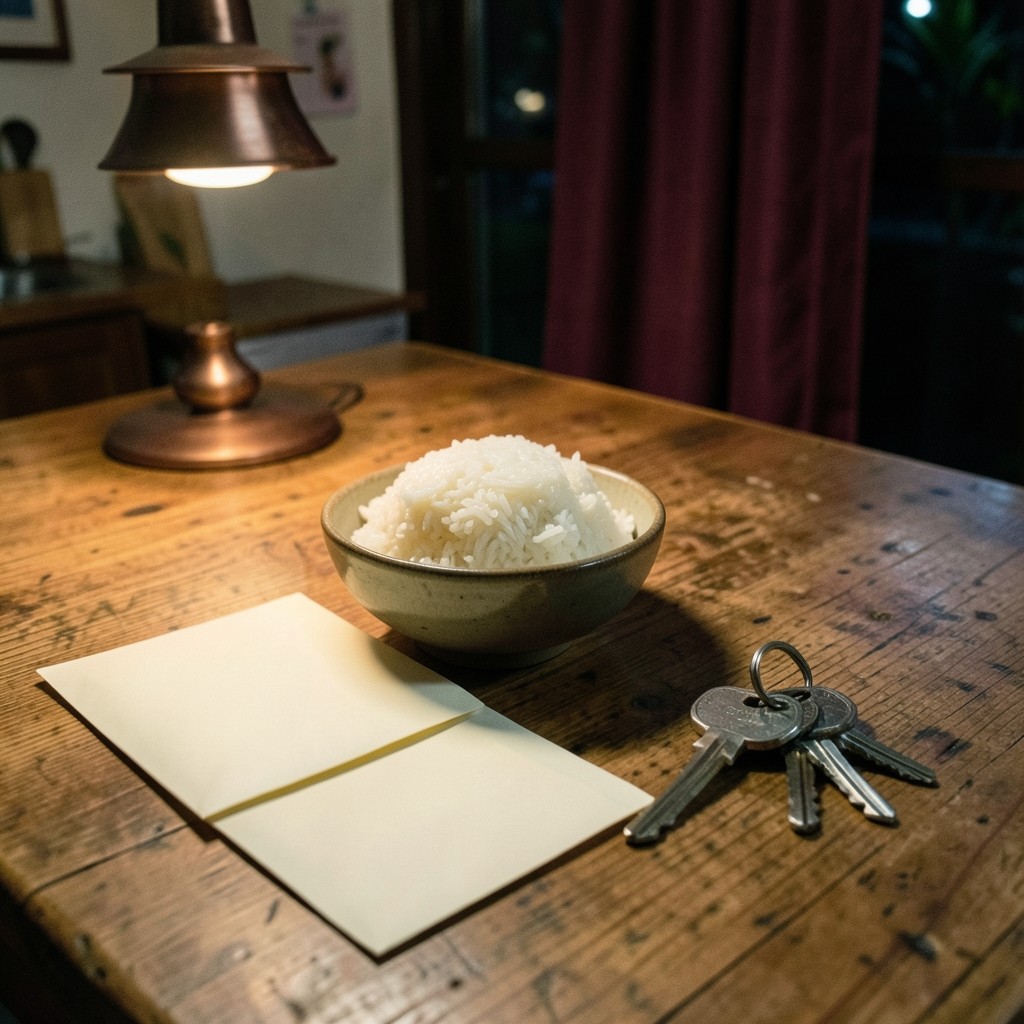 Two plain envelopes, a bowl of rice, and house keys on a wooden kitchen table at night.