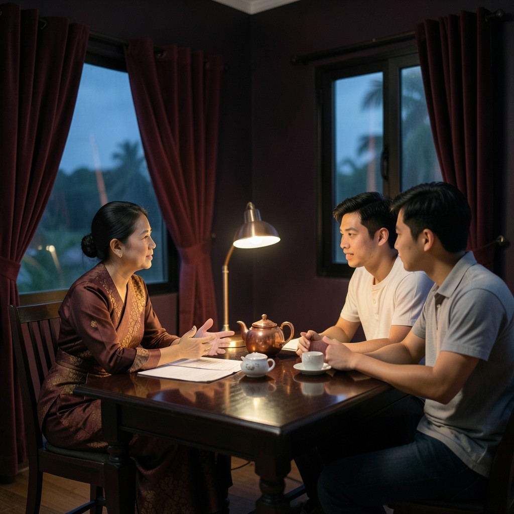 A planner speaking with two young adults at a dark wood table in an evening room, with a copper lamp and burgundy velvet curtains.