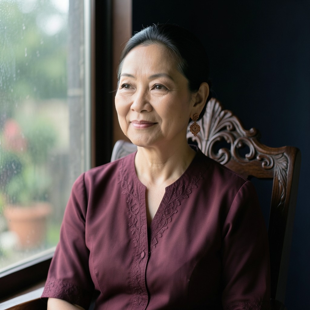 Portrait of Anong Srisawat, principal planner, seated beside a smoked-glass window in a burgundy blouse.
