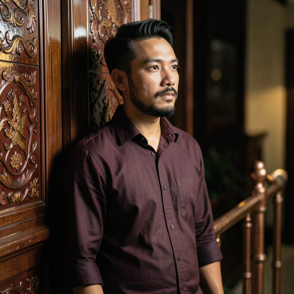 Portrait of Yusuf Hamid, associate planner, beside dark wood paneling and a copper rail.