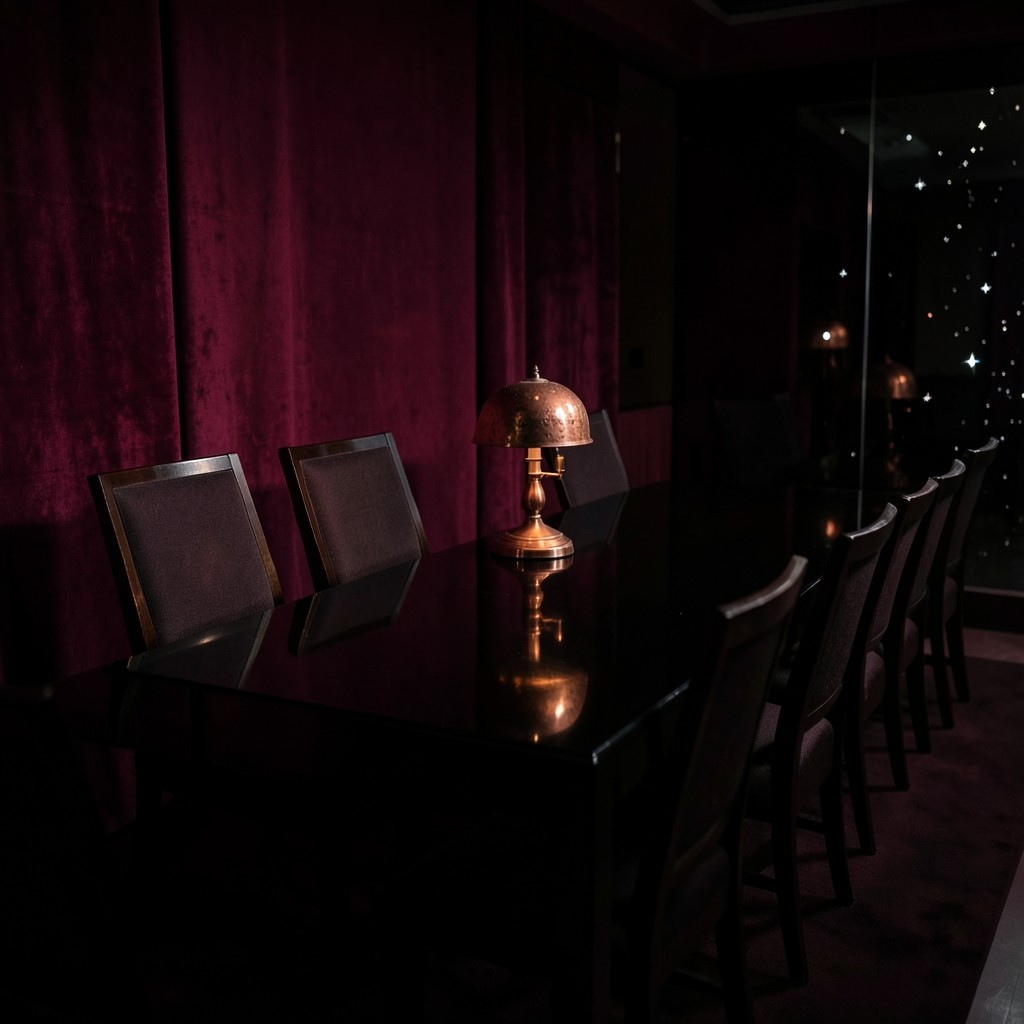 A long dark wood table with four chairs spaced along it, lit by a copper lamp in a velvet-lined room.