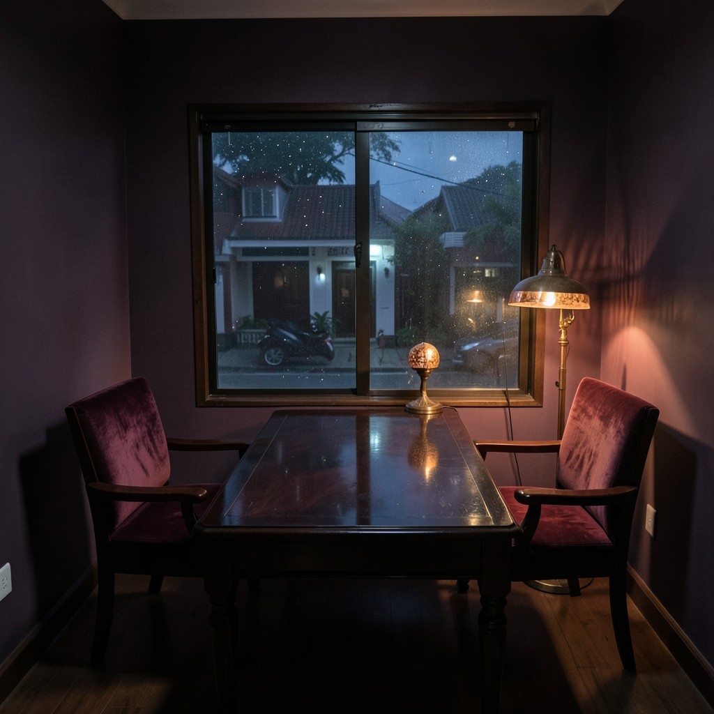 The empty practice room: a lacquered table, two burgundy velvet chairs, and a copper lamp by a smoked-glass window.