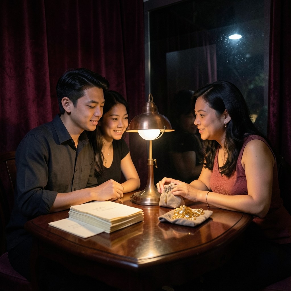A couple and a planner with unmarked envelopes and a cloth pouch of gold jewelry on a dark wood table.