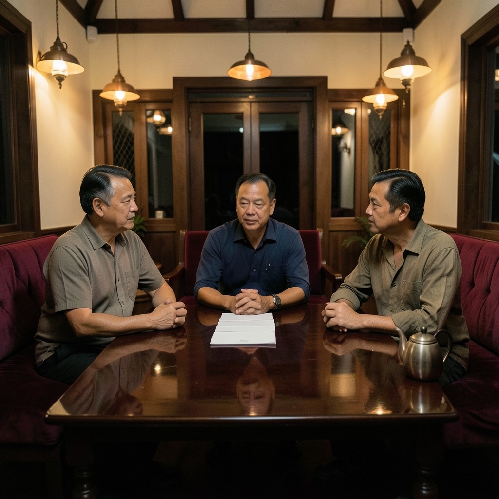 Three adults at a low table with plain envelopes.