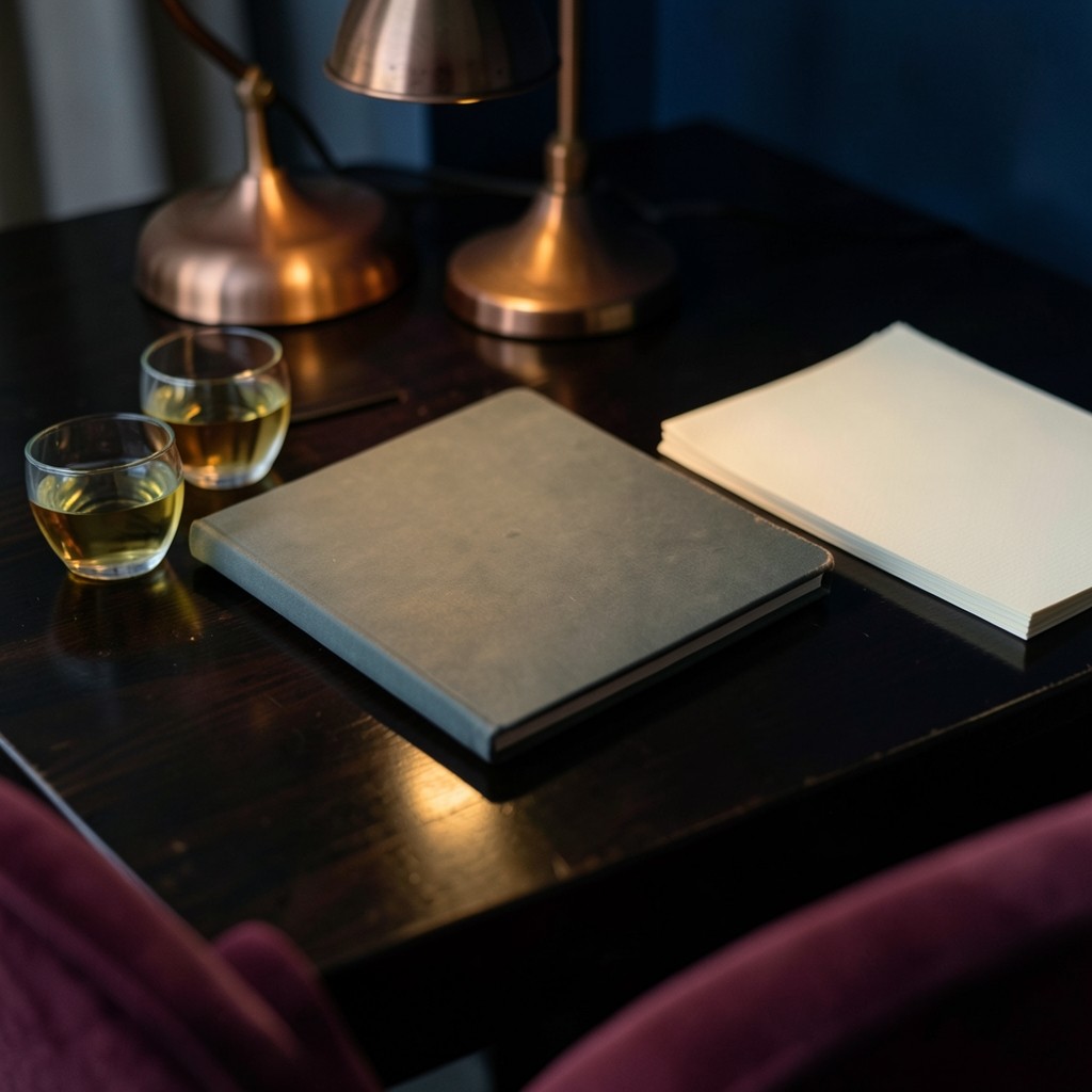Close view of a notebook and tea glasses on a lacquered table.
